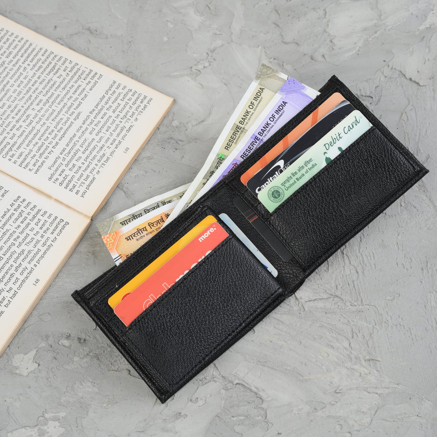 Waultt Premium Vegan Black Leather Bifold Wallet for Men