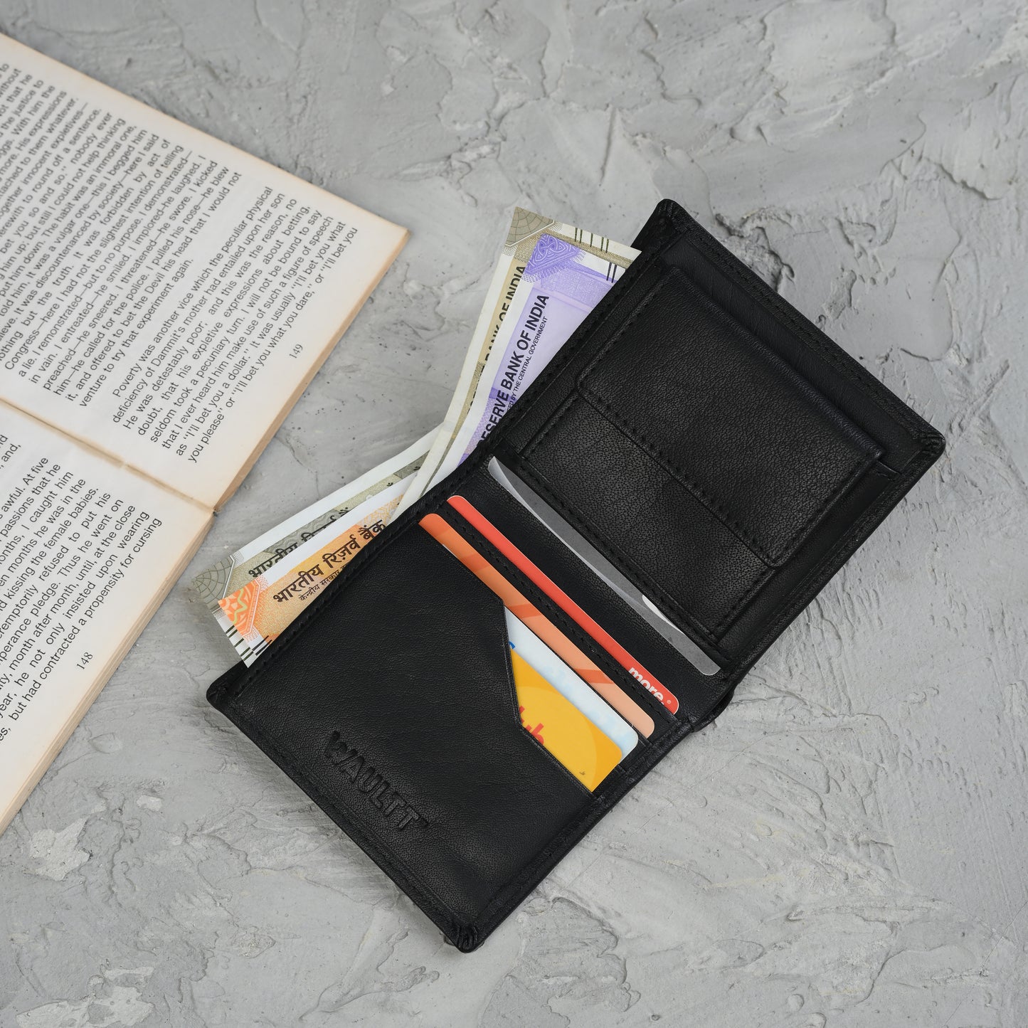 Waultt Sleek Notecase Black Leather Bifold Wallet for Men